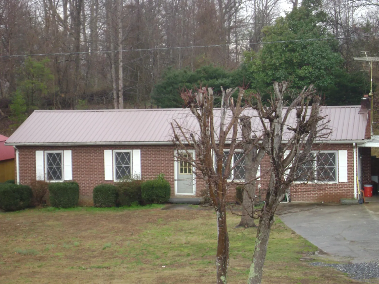 Mauve metal roof on a brick ranch home behind bare trees in Lynchburg